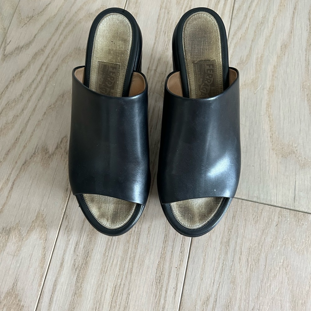 Black sandal w sculptural platform! 5 inches h Very comfy by Salvatore Ferragamo